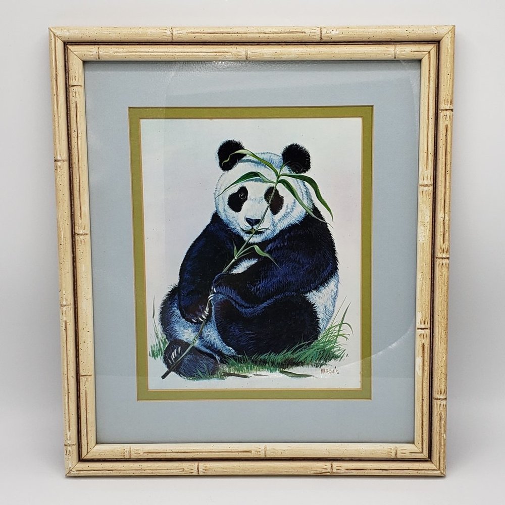 Vintage Panda and Bamboo Art Print by Marquis - Matted and Framed